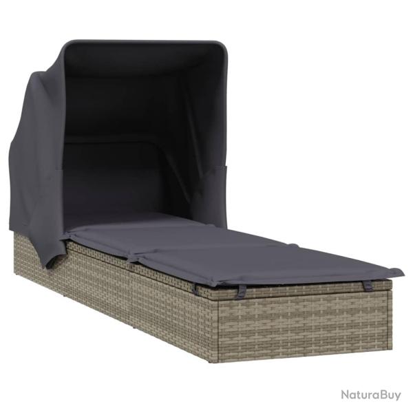 Transat chaise longue bain de soleil avec toit pliable 213 x 63 x 97 cm r�sine tress�e gris 02_0012