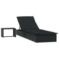 Transat chaise longue bain de soleil avec table r&eacute;sine tress&eacute;e noir 02_0012207