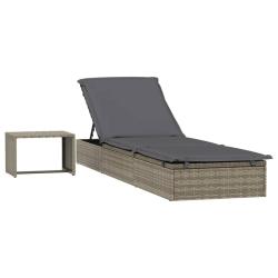 Transat chaise longue bain de soleil avec table r&eacute;sine tress&eacute;e gris 02_0012206