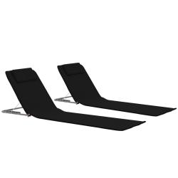 Tapis de plage chaise longue pliables 2 pi&egrave;ces acier et tissu noir 02_0012185
