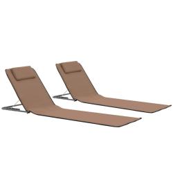Tapis de plage chaise longue pliables 2 pi&egrave;ces acier et tissu marron 02_0012184
