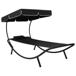 Lit de repos transat chaise longue d'ext&eacute;rieur 200 cm avec auvent et oreiller noir 02_0012008