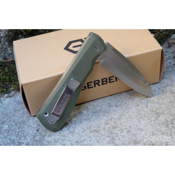 Couteau Gerber Mansfield Swayback Olive Lame Acier D2 Drop Point Manche Micarta Slip Joint G1909