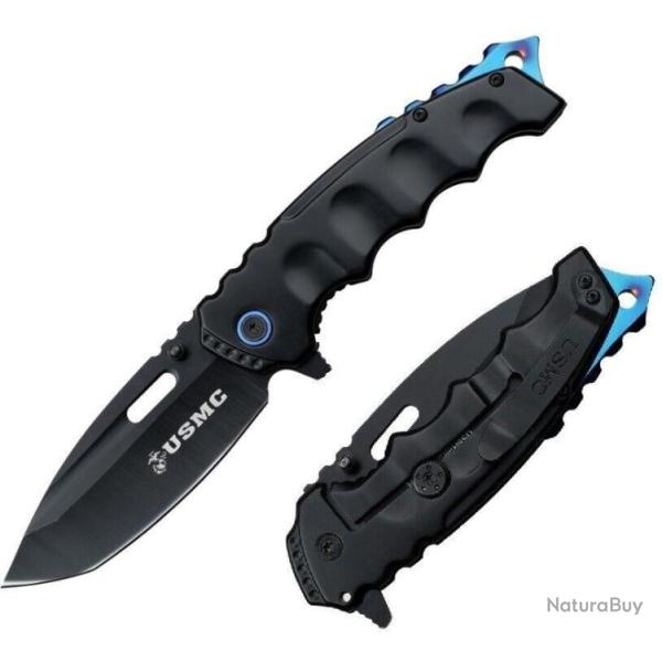 Couteau USMC A/O Blue Lame Tanto Acier 3Cr13 Manche M�tal Framelock Clip USMA1066BBK