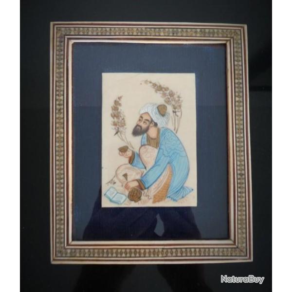 Sublime miniature Persane sur os -Motif Perse peint � la main sur os- Sous-verre encadr� et marquet�