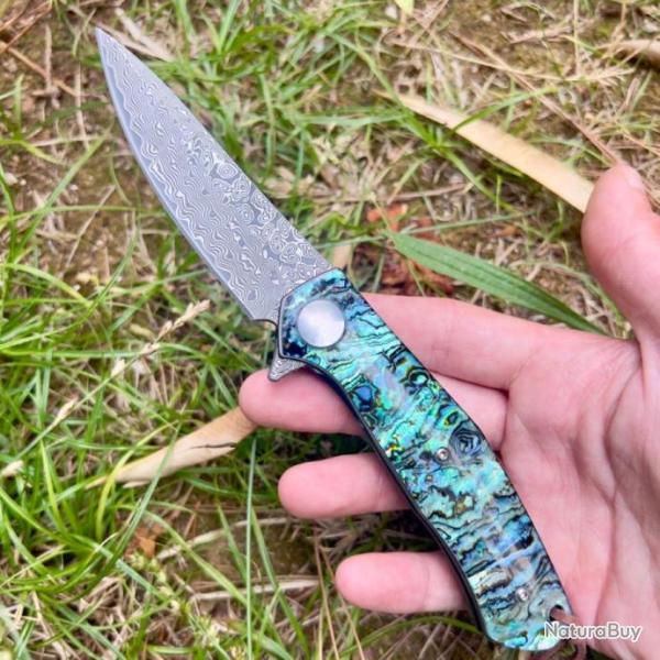 Couteau pliant acier damas manche en abalone ormeau edc survie camping collection