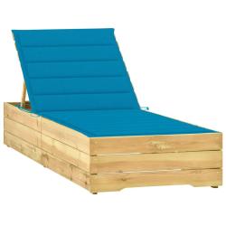 Transat chaise longue bain de soleil lit de jardin terrasse meuble d'ext&eacute;rieur avec coussin bleu bo
