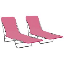 Chaises longues pliables 2 pi&egrave;ces acier et tissu rose 02_0011937