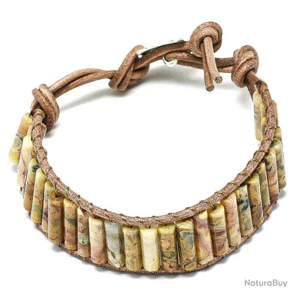 Bracelet wrap colonnes en agate crazy lace et cuir