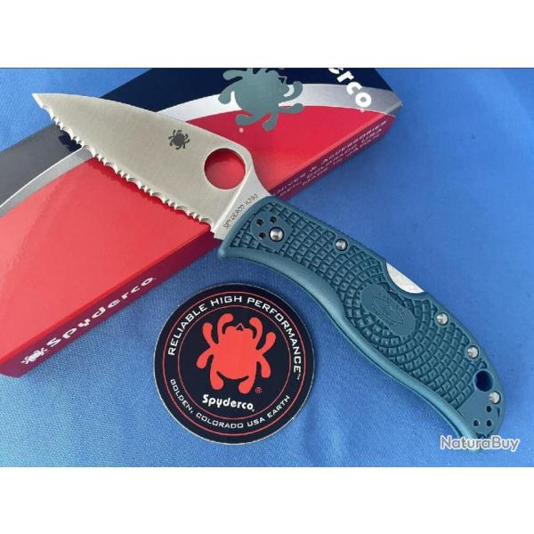 Couteau Spyderco LeafJumper Blue K390 Serrated Manche FRN Lockback Clip Japan SC262SBLK390