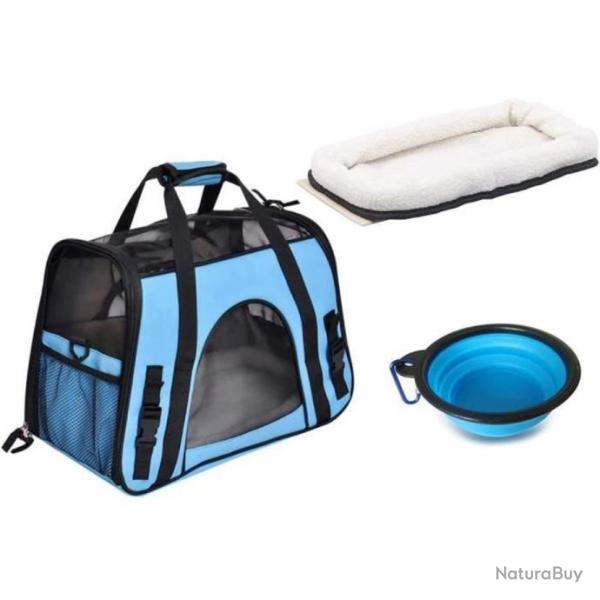 Sac � main de transport souple pour animal de compagnie chien chat + matelas amovible + bol Bleu