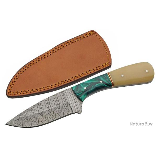 Couteau Damas Skinner Camel Bone Lame 256 Couches Manche Os/Acrylic Etui Cuir DM1370GN