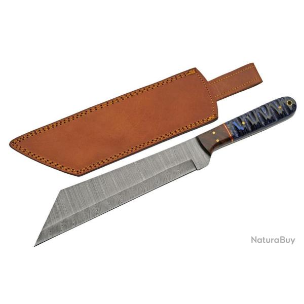 Couteau Damas Viking Seax Lame 256 Couches Manche Bois Blue Etui Cuir DM1368BL