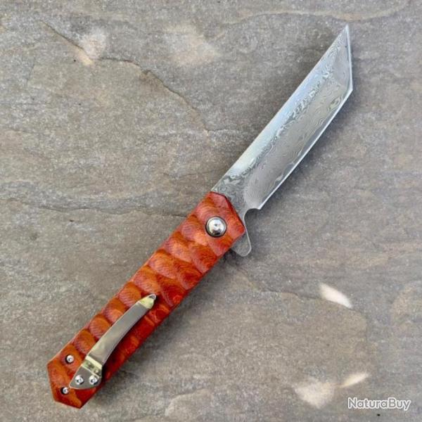 Couteau pliant acier damas manche en bois lame tanto style japonais
