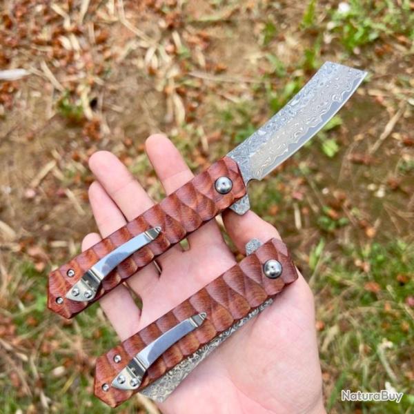 Couteau pliant acier damas manche en bois lame tanto invers� style japonais