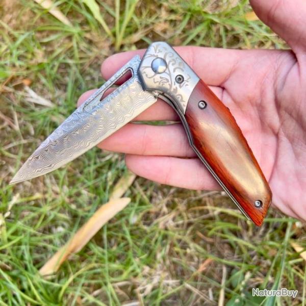 Couteau pliant lame acier damas manche bois survie camping tactique