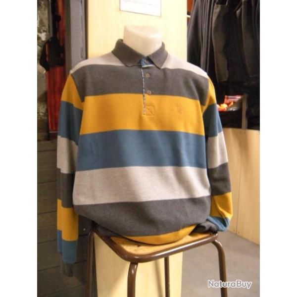 SWEAT COL BOUTONNE RAYE GRIS/MOUTARDE LOVERGREEN , T:M.