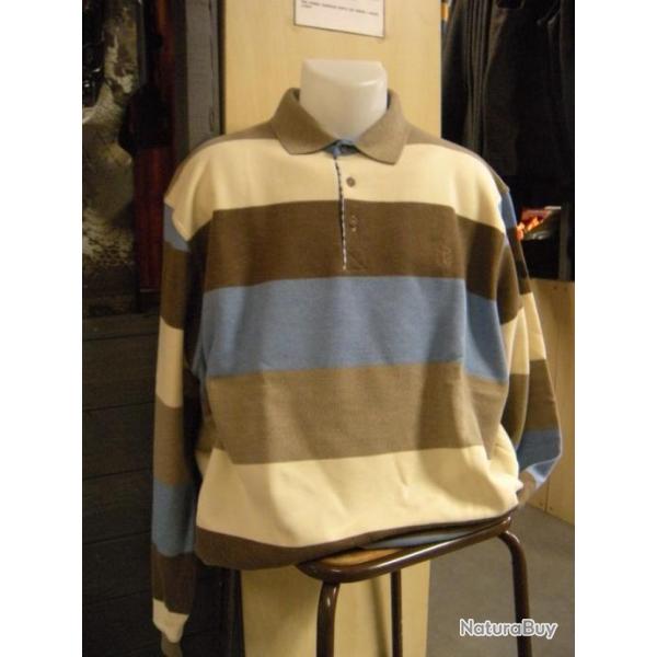 SWEAT COL BOUTONNE RAYE ECRU/MARRON LOVERGREEN , T:3XL.