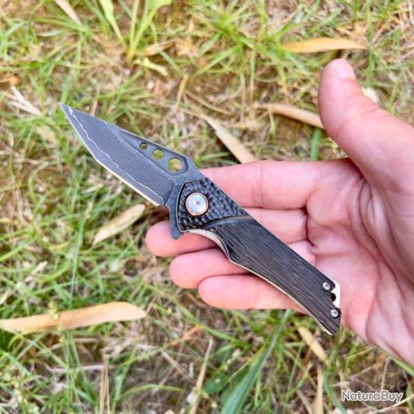 Petit couteau pliant de poche acier damas noir collection camping