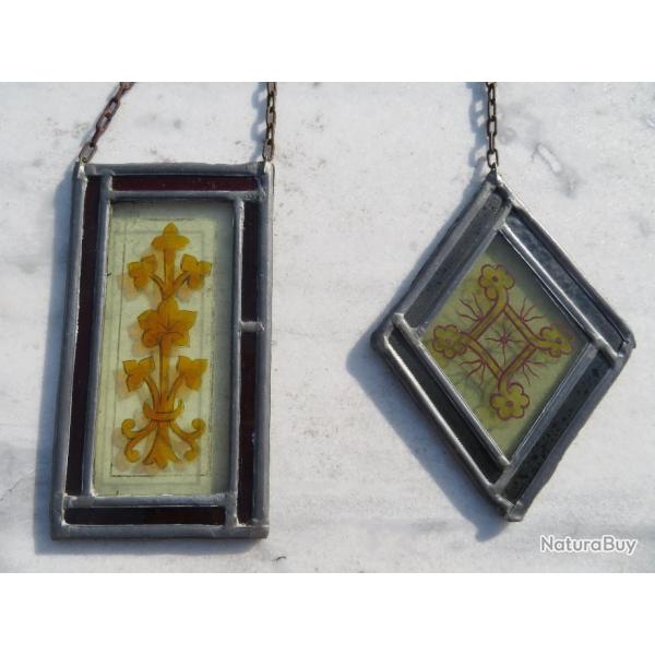 VINTAGE - Dco - RARE DUO de panneaux de vitrail/Pendentif en vitrail ancien  accrocher (XX)