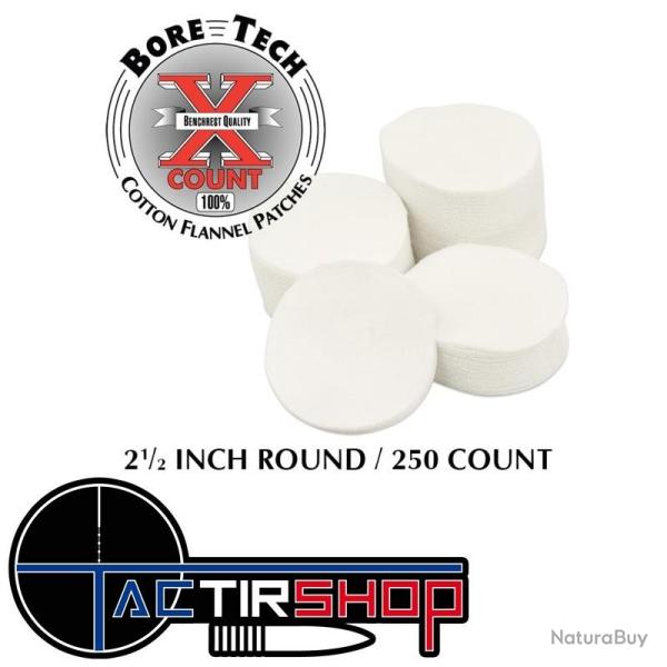 250 Patchs ronds Bore Tech 2-1/2" Calibre .35 Cal., .375 Cal., .416 Cal., .44 Cal., .45 Cal.