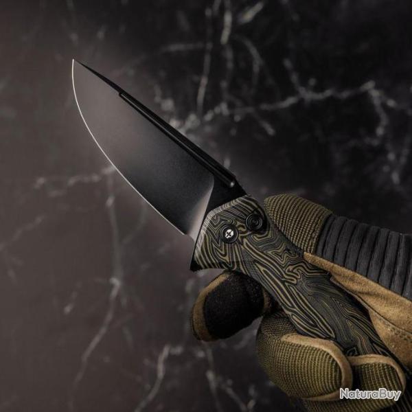 Couteau Tekto F3 Charlie Damascus Manche G10 Lame Acier D2 Black Clip Button Lock USA TKTF3GMXBK1 -