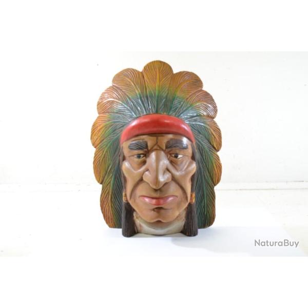 T�te en bois sculpt� chef indien / statue am�rindienne bois massif. D�co western farwest USA