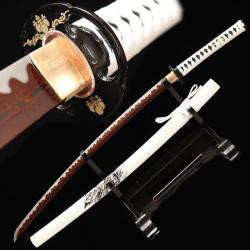 Sabre fonctionnel - V&eacute;ritable Katana en Damas haute qualit&eacute; (acier pli&eacute; lamin&eacute;). Blanc, Lame Tricolo