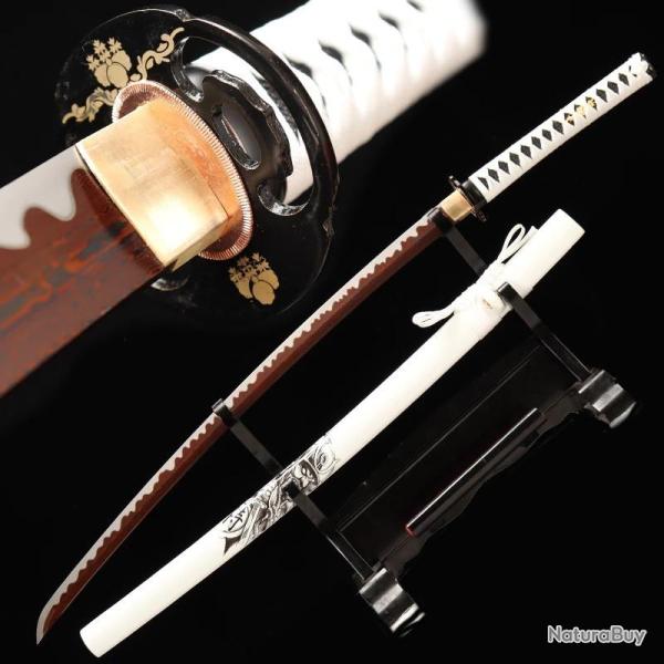 Sabre fonctionnel - V�ritable Katana en Damas haute qualit� (acier pli� lamin�). Blanc, Lame Tricolo