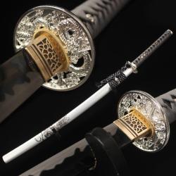 Katanas japonais avec lame noire acier T10 galvanis&eacute; fonctionnel, Dragon blanc
