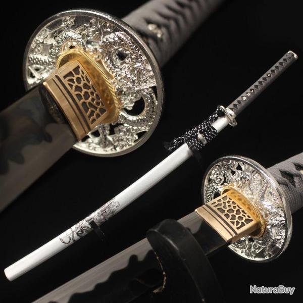 Katanas japonais avec lame noire acier T10 galvanis� fonctionnel, Dragon blanc
