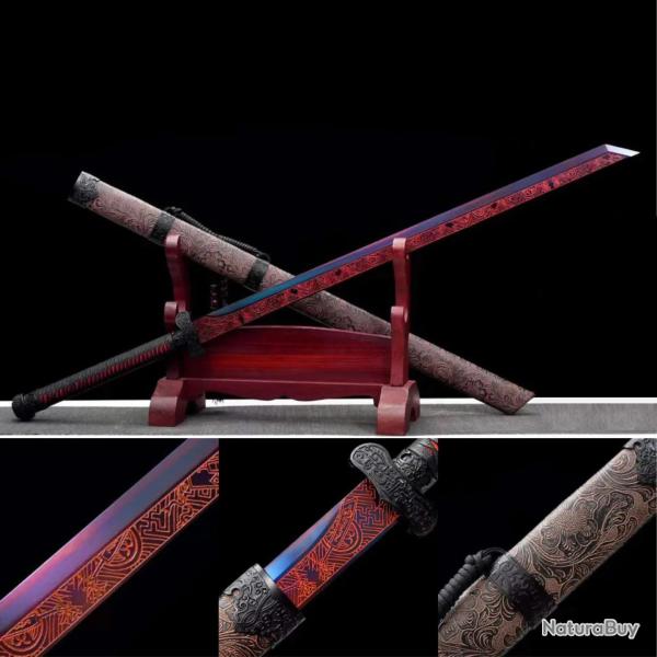 Ninjato (sabre droit) Katana En Acier T10. Motif grav� sur toute la lame. Full Tang