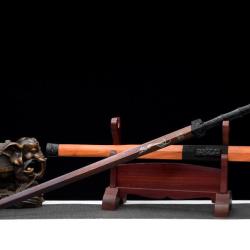 Ep&eacute;e chinoise, lame en acier damass&eacute; violet et motif Pho&eacute;nix