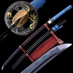 Katanas japonais lame en Damas galvanis&eacute; rouge. Dragon bleu sculpt&eacute;. Hamon v&eacute;ritable tremp&eacute; &agrave; l'agil