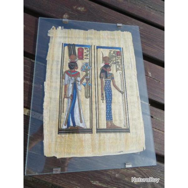 VINTAGE - Vritable papyrus gyptiens peint a la main encadr sous verre double face (XX)