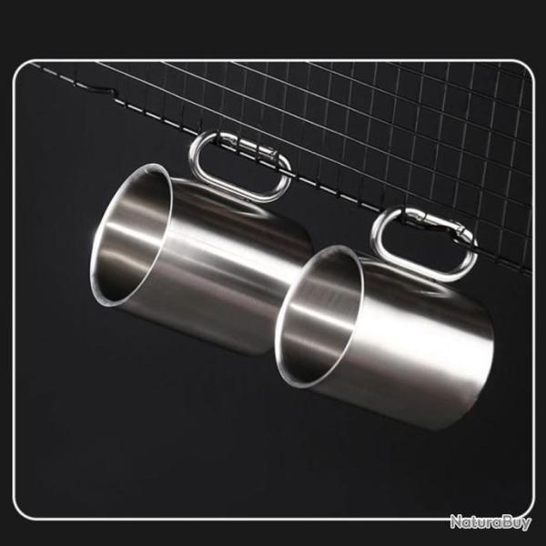 Tasse Caf� Th� Acier Inoxydable 304 Poign�e Mousqueton Camping Randonn�e Pratique Haute Qualit�