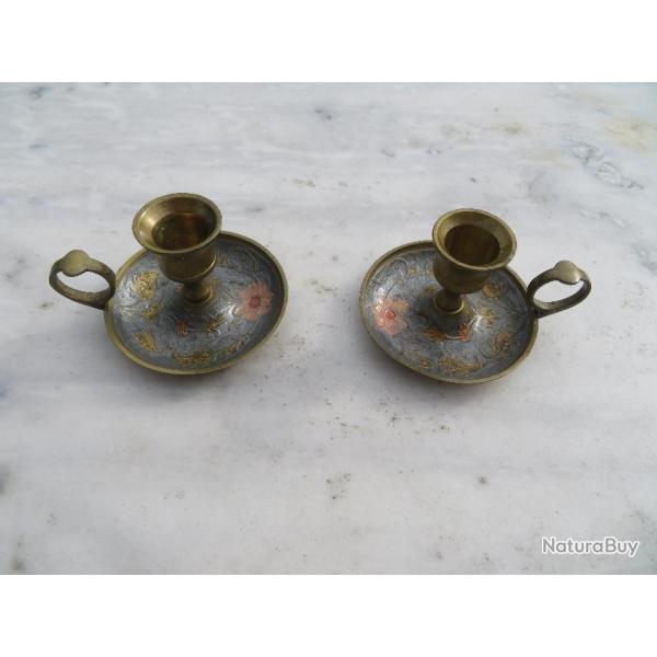 VINTAGE -  DUO de bougeoir en mtal maille a dcors de fleurs (JAPON ou CHINE XX)