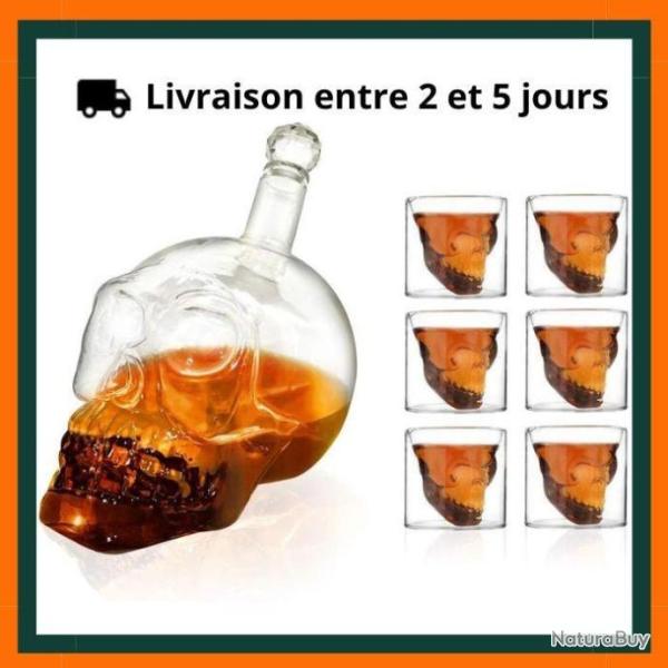 Carafe t�te de mort 1L + 6 verres de whisky - Livraison rapide et gratuite