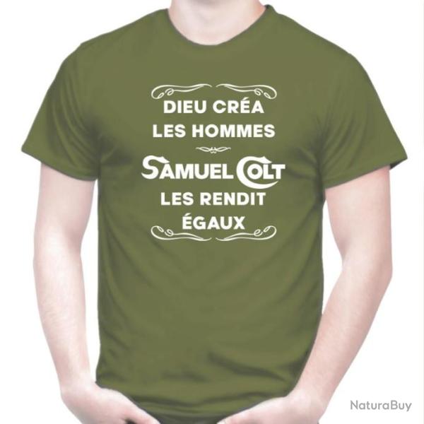 T-SHIRT - DIEU CR�A LES HOMMES, SAMUEL COLT - Dicton humour Cible tir Revolver Army Paterson cal .36