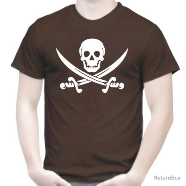 T-SHIRT - T�te de mort Cr�ne Sabre d'abordage Ep�e Drapeau pirate Corsaire Rackham Jack