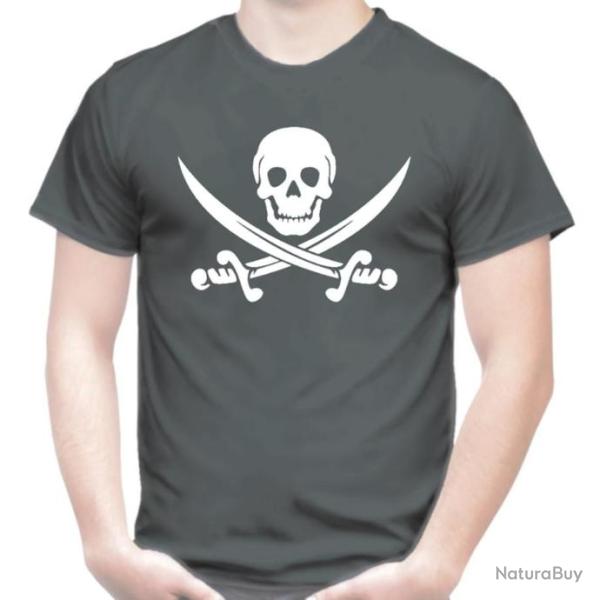 T-SHIRT - T�te de mort Cr�ne Sabre d'abordage Ep�e Drapeau pirate Jack Corsaire Rackham