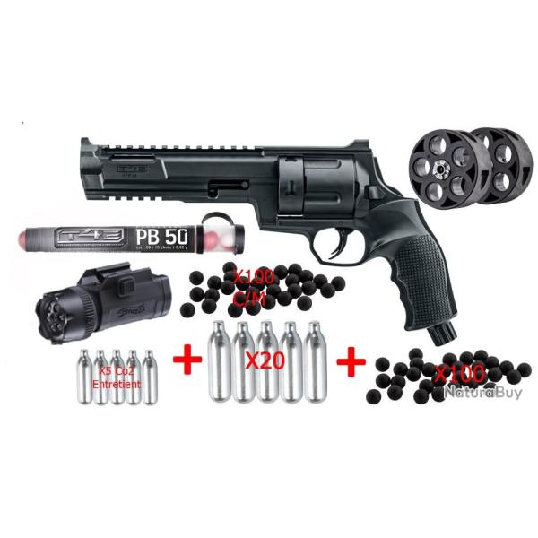 Pack HDR68 Umarex T4E 16J HomeDefense + 10 BBs Poiv +100 BBs ca+ 5 Co + 2 Barillets + LampeLaser