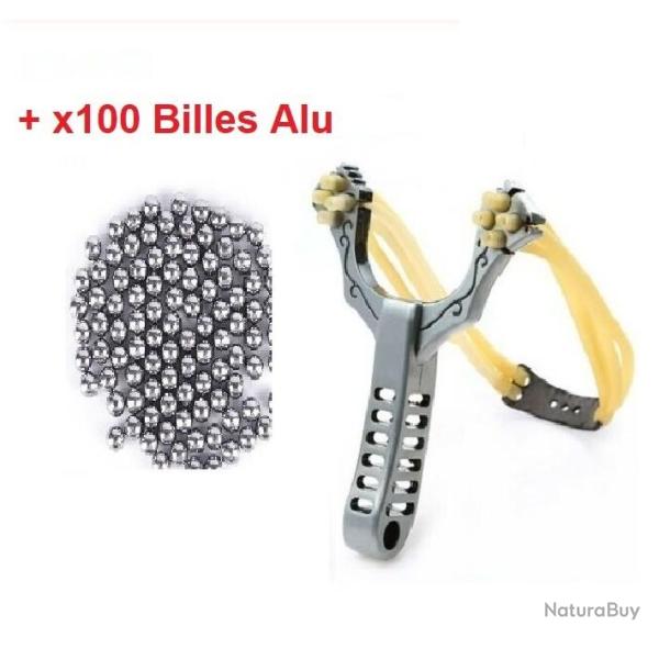 Fronde Lance Pierre 4 Elastiques en ALU + 100 Billes Ultra Puissante Slingshot Chasse