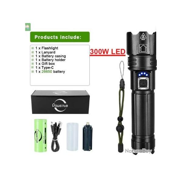 Lampe Torche LED 300w Rechargeable USB 5 500m Haute puissance Qualit� Tactique 4 niveaux 5 Modes IPX
