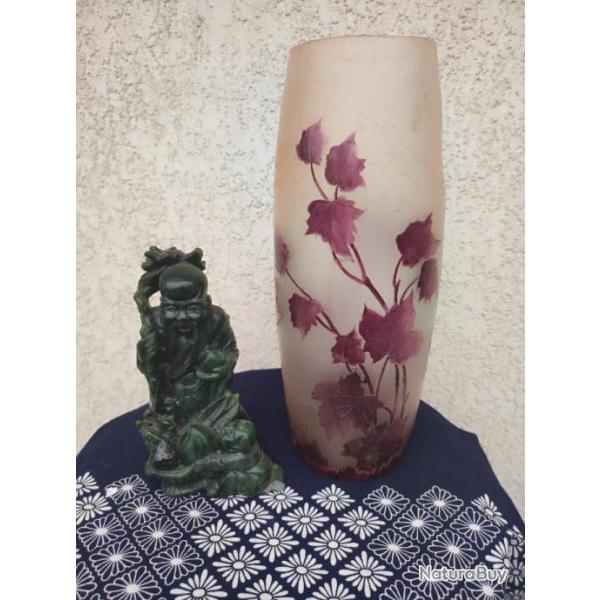 Legras grand vase motif feuille de Vigne vert givr� couleur rouge hauteur 30 parfait �tat