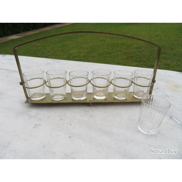 VINTAGE -  Ancien service a liqueur de 6 verres avec support en laiton (Vers 1950-60)