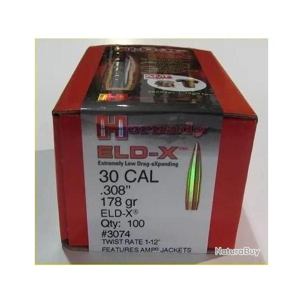100 OGIVES HORNADY ELD-X 178 GRAINS, CALIBRE 308, REF 3074
