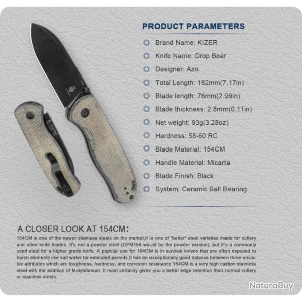 Couteau Kizer Drop Bear Black Manche Micarta Lame Acier 154CM IKBS Clutch Lock Clip KIV3619C4