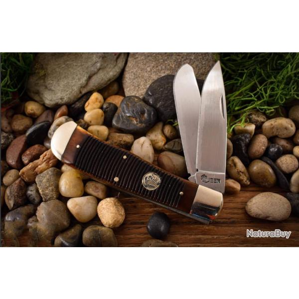 Couteau Queen Big Boy Trapper Burnt Manche Os 2 Lames Acier Carbone 1065 Slip Joint Made USA QN7565