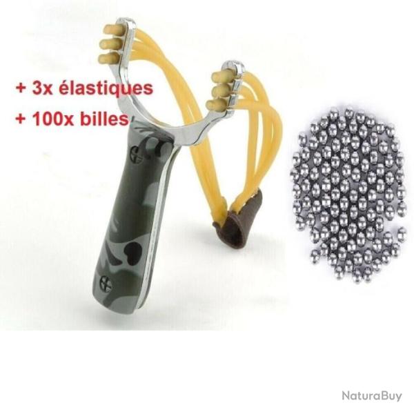 KIT Fronde Lance-Pierre 3 Elastique + 100 Billes Slingshot Ultra Puissante Chasse Camo
